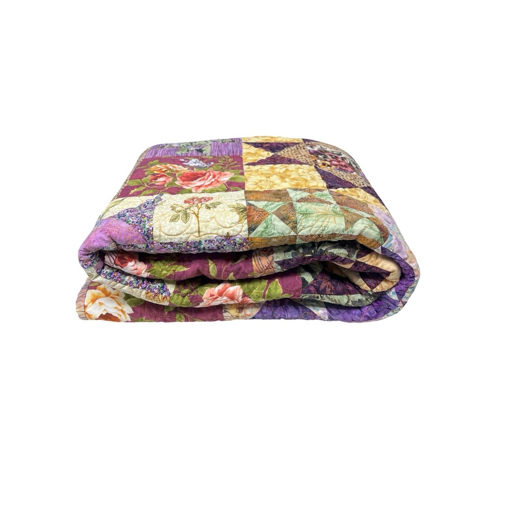 Handmade Boho Garden Patchwork Star Quilt Floral Pansies Butterflies 69x58.5"